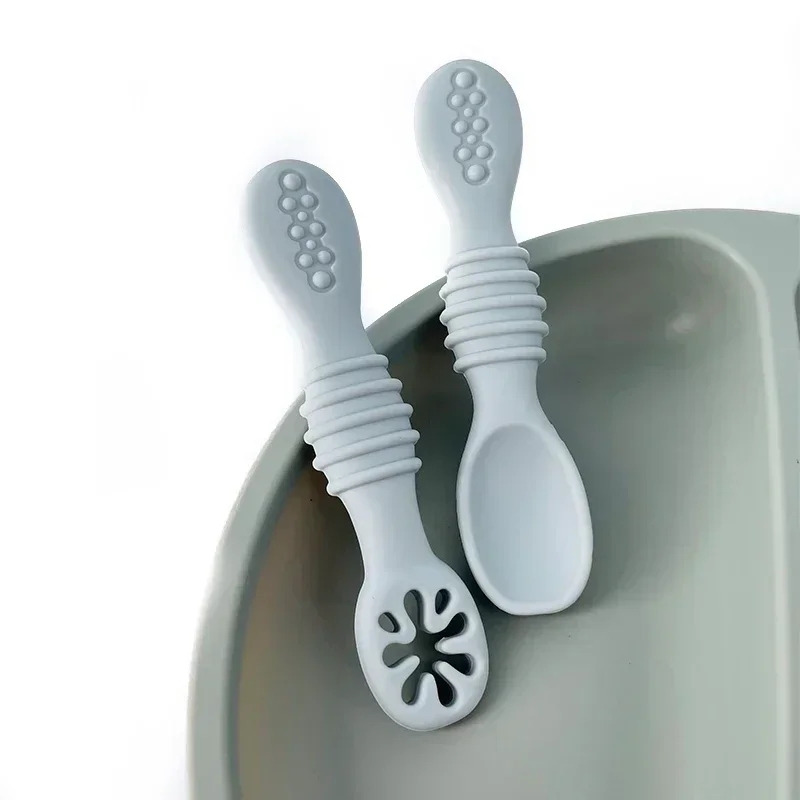 Utensils Set Adorable Toddler Tableware, Feeding Scoop Training Set, Lovely Baby Learning Spoons, Baby Silicone Teether beige