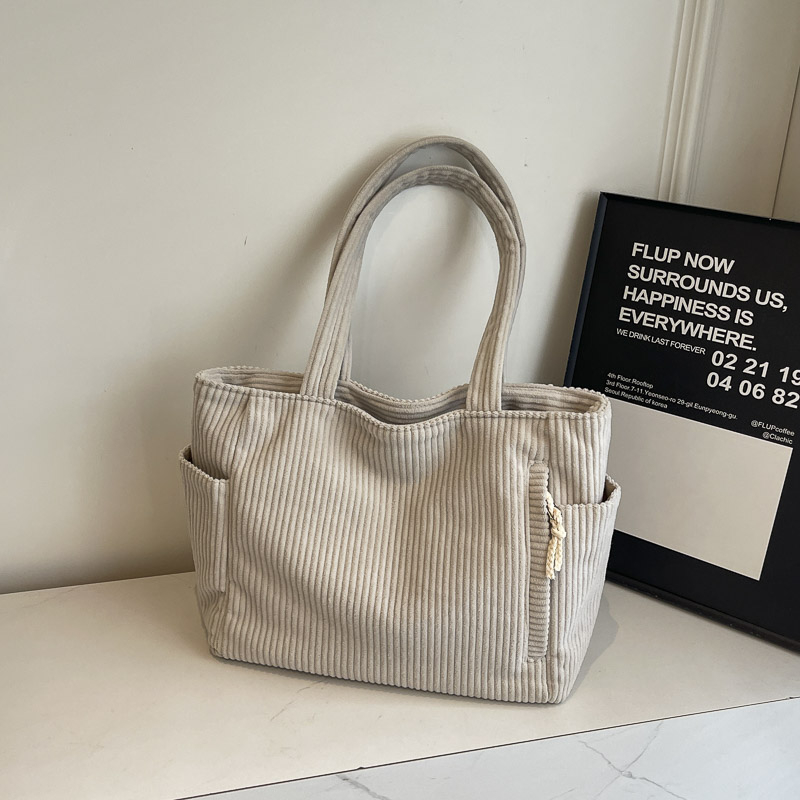Light Corduroy Handbag, Casual Daily Commuter Handbag, Large Capacity, Solid Color, Zipper Closure, Fixed Shoulder Strap beige