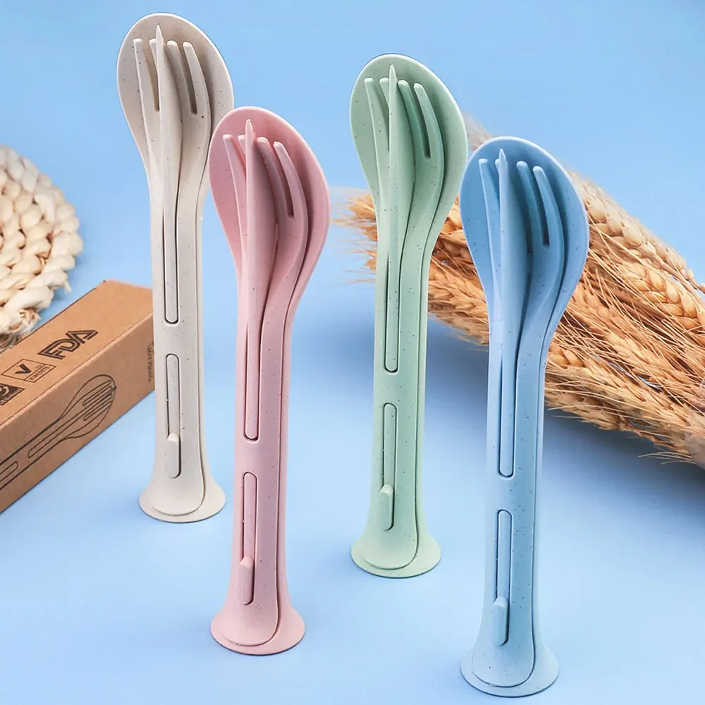 Dinnerware Detachable Cutlery Travel, Portable Tableware Set Wheat Straw Camping Cutlery Set Tableware Picnic Dinnerware green