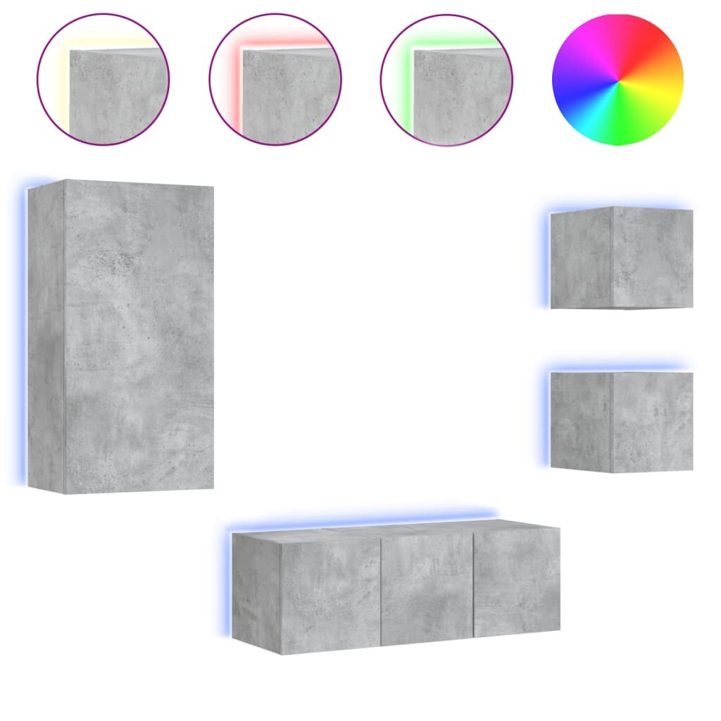 vidaXL 5-tlg. Wohnwand mit LED-Beleuchtung Betongrau Holzwerkstoff Image