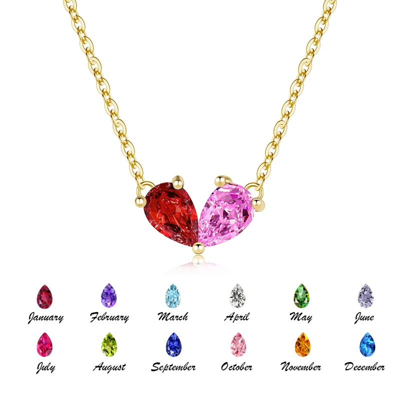 Benutzerdefinierte doppelte Geburtsstein-Halskette, zierliche goldene personalisierte Halskette mit 2 Geburtssteinen, 14 Karat vergoldete Halsketten für Frauen und Mädchen Image