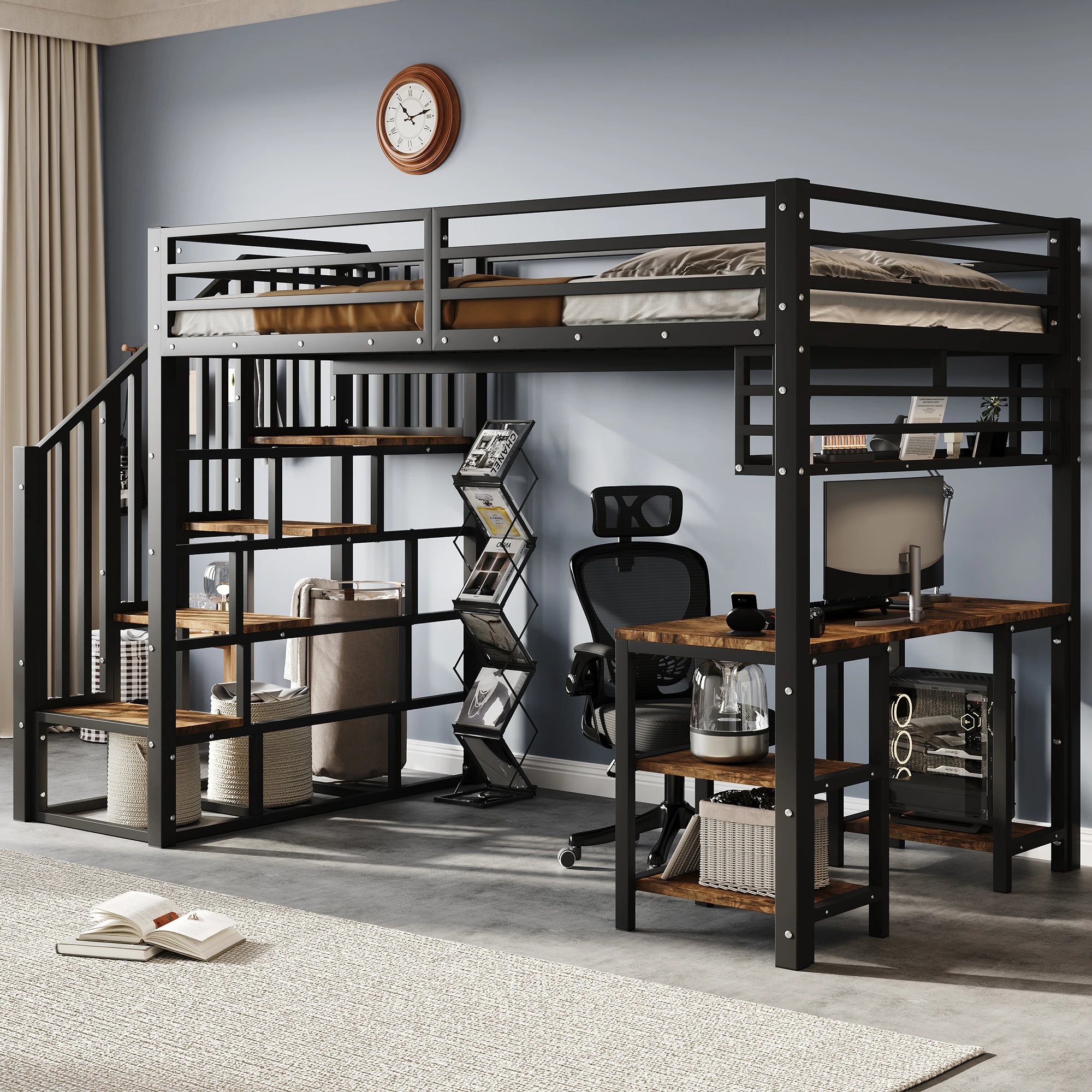 Hochbett 120 x 200 cm, Metall + Spanplatte, Leiter mit Handläufen, Schreibtisch und Ablagefach, stabile Lattenrost, schwarz + dunkle Oberfläche Image