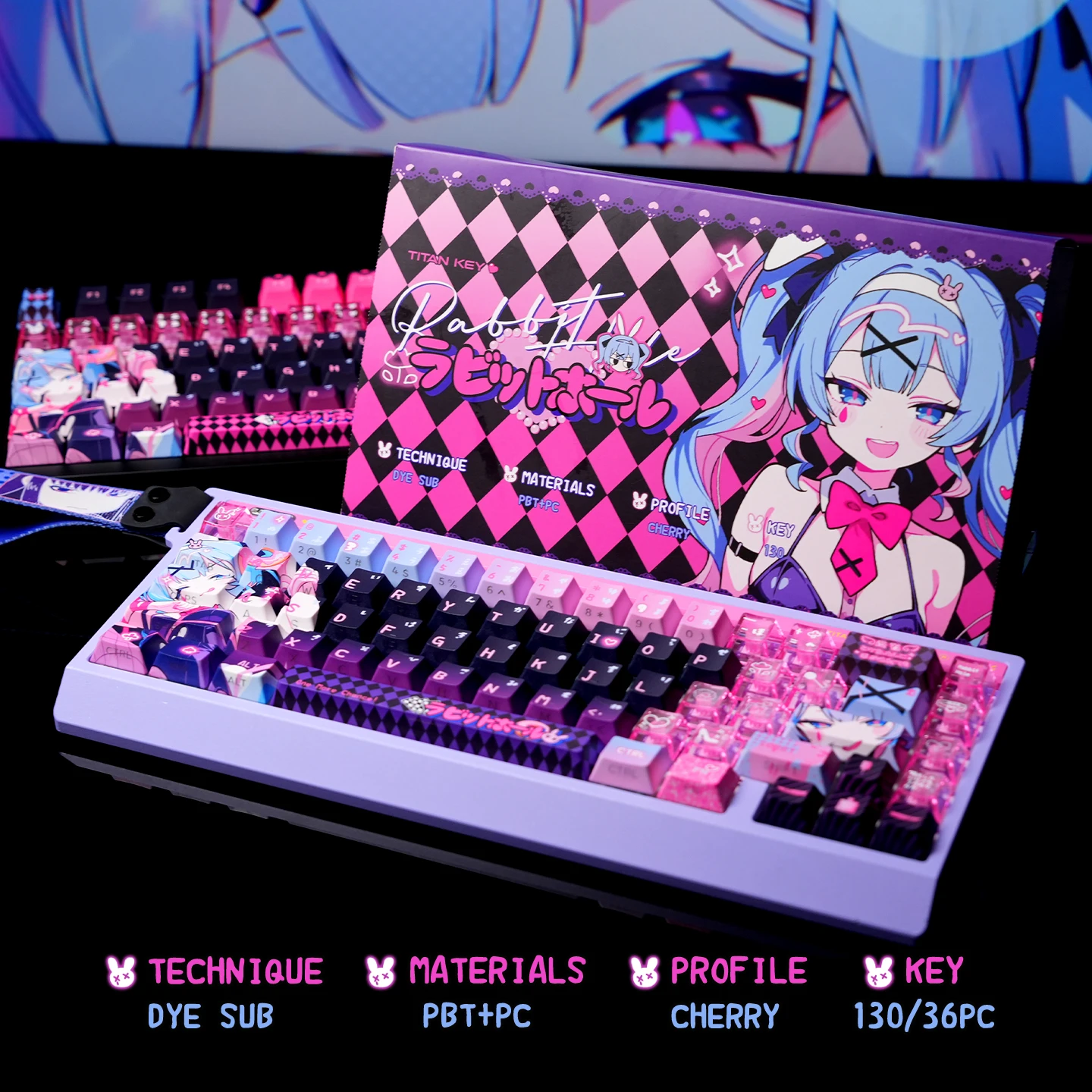 Niedliche Kaninchenloch-Tastenkappe, Kirsche, PBT, seitlich graviertes, durchscheinendes PBT-Loch, Kaninchen, Schwarz, Rosa, 2,25/2,75 HE, Weltraum, Alice Iso-Layout-Tastenkappe Image