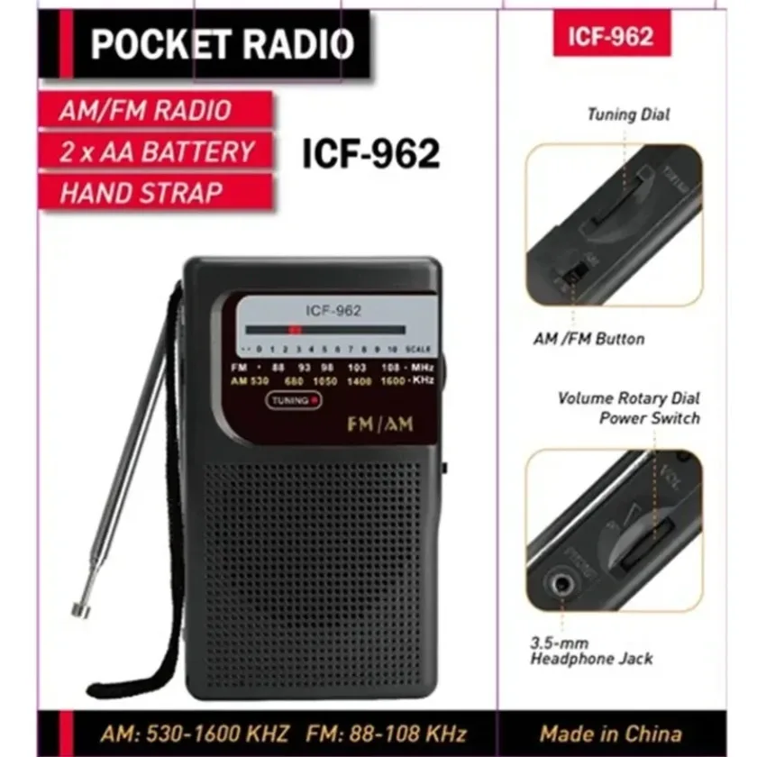 2025, FM/AM, batteriebetrieben, tragbar, Radi ICF-962, Mini-Radio, bester Empfang, langlebig, für Laufen, Gehen, Zuhause, Soundbox Image