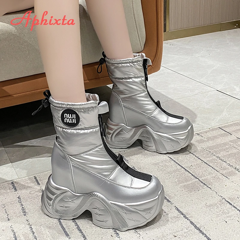 Aphixta 7CM Plattform Frauen Stiefeletten Keil Heels 3cm Höhe Zunehmende Mode Silber Frau Schuhe Chunky Ferse Zipper stiefel