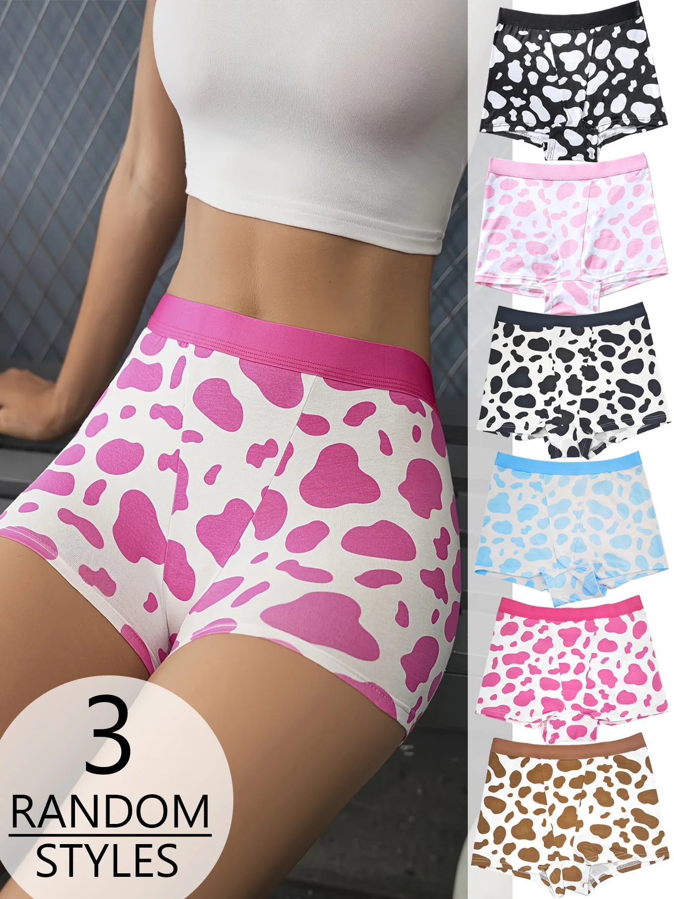 Zufällige Farbe, 3er-Pack, Kuhmuster, breite Taille, nahtlos, atmungsaktiv, Boxershorts für Damen, dünne, sportliche Unterwäsche Image