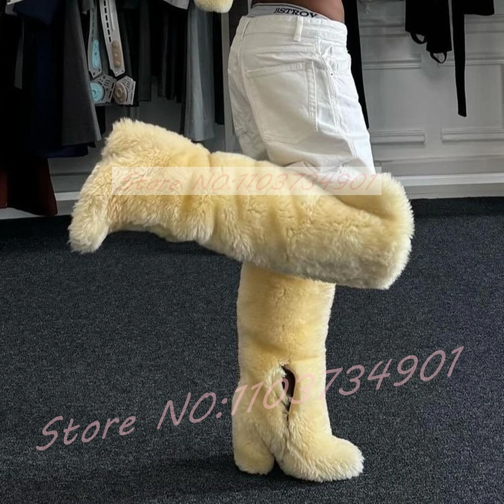 Beige Pelz-Overknee-Stiefel für Damen, trendige Winter-warme runde Zehen-Stiefel mit Blockabsatz, raffinierte Party-Streetwear für Damen