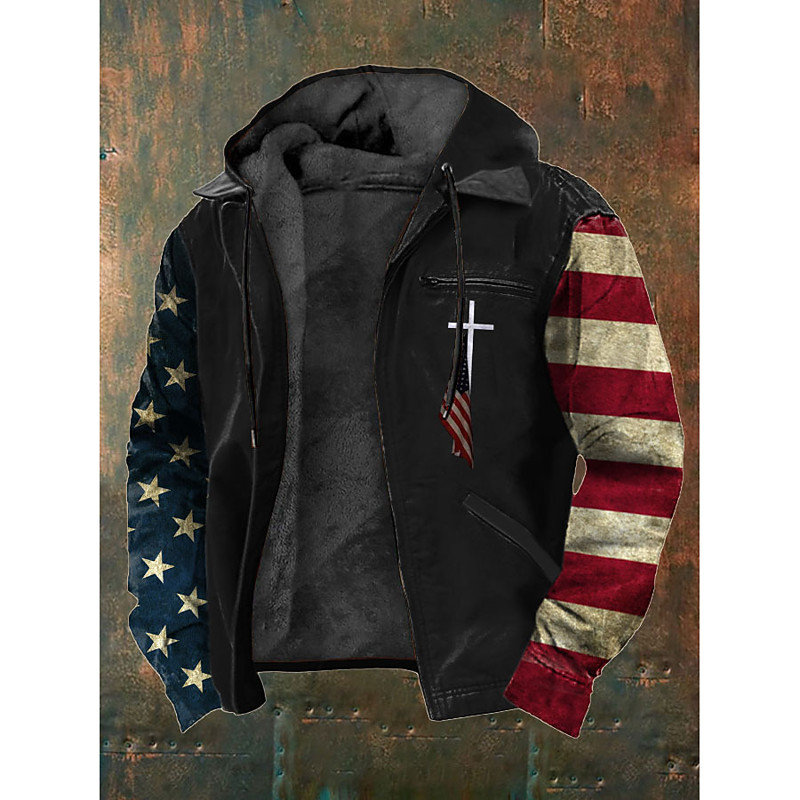 Men's Full Zip Hoodie Fleece Jacket Fleece Hoodie Black Brown Hooded Cross American Flag Pocket Print Casual Daily Going out Polyester Streetwear Retro Casual Fall Winter Clothing Apparel Hoodies