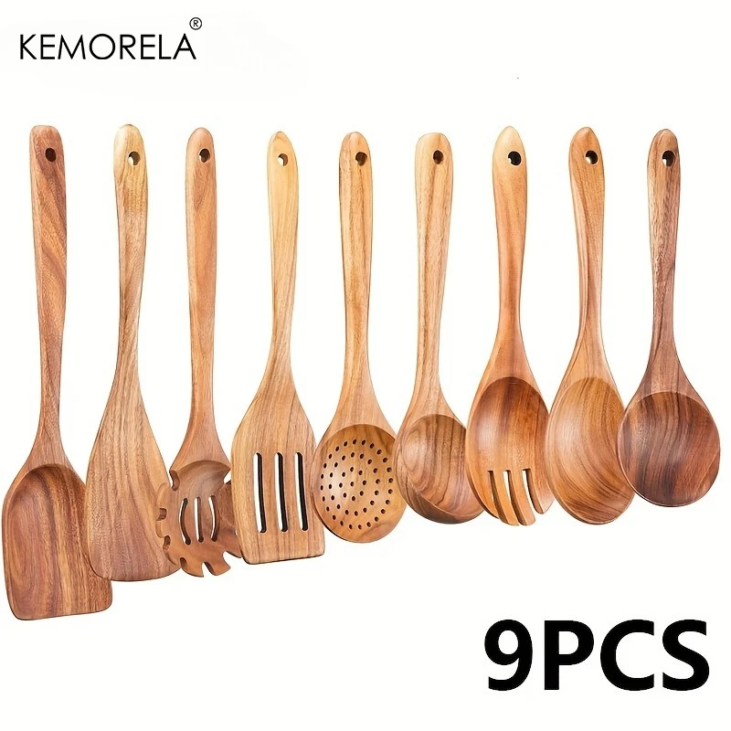 Ensemble d'ustensiles de cuisine en bois d'acacia, 9 pièces, cuillères de cuisine en bois naturel, spatules, nouilles, ustensiles de cuisine antiadhésifs en bois durables