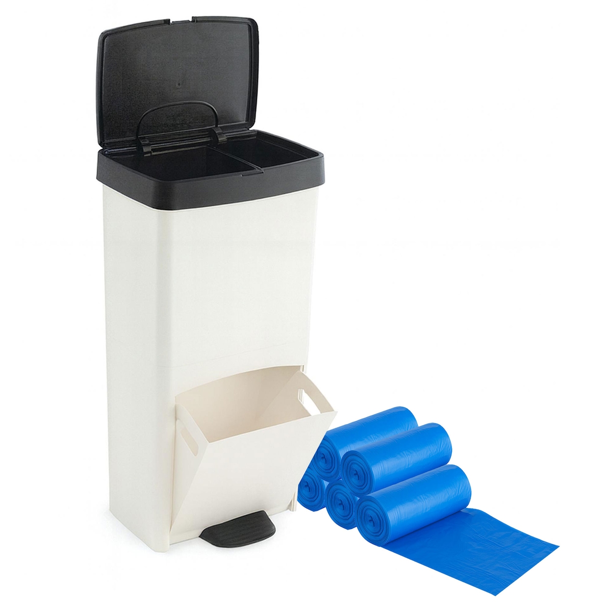 SP BERNER - Vertikaler 70L-Mülleimer mit 2 Fächern (40L + 30L), weiß und schwarz, inklusive 10L- und 30L-Müllbeuteln Image