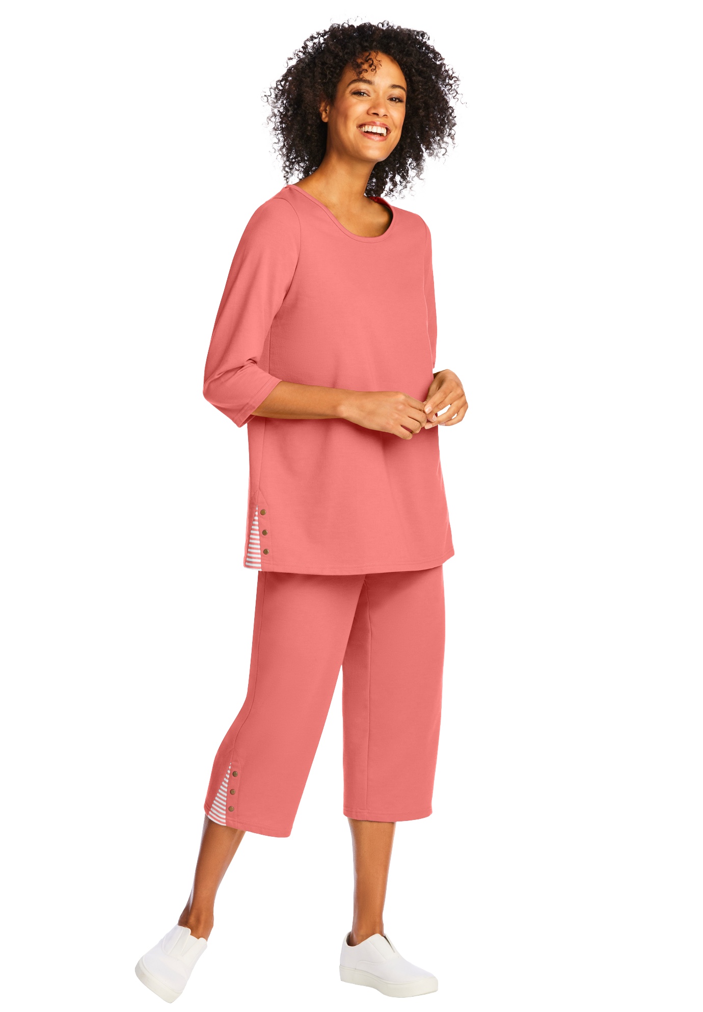 Plus Size Women's 2-Piece Striped French Terry Set by Woman Within in Sweet Coral Mini Stripe (Size M)