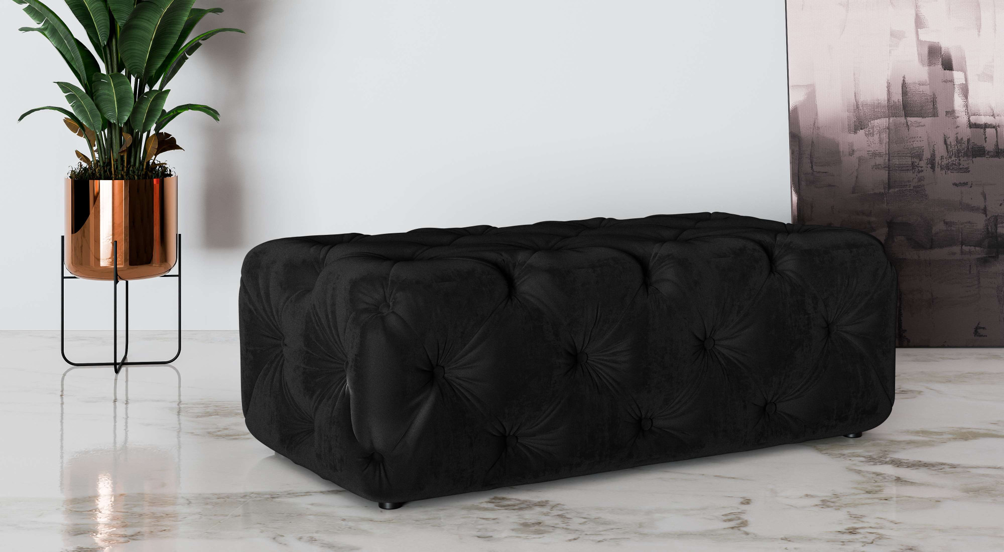 Polsterhocker HOME AFFAIRE "FOLLINA", schwarz, B:130cm H:39cm T:65cm, 100% Polyester, Hocker, Polsterhocker, Polsterhocker mit klassischer Chesterfield-Knopfheftung