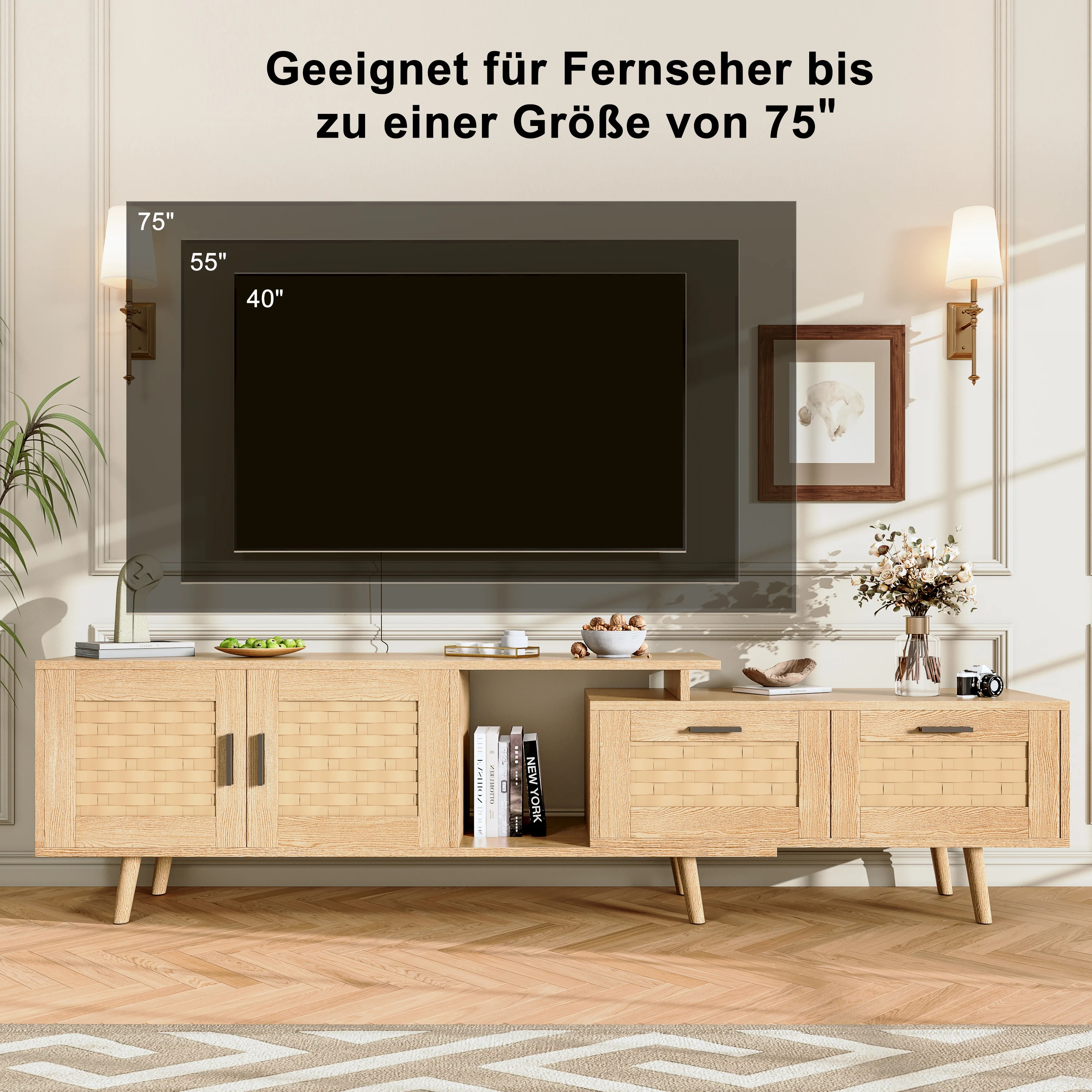 Rosahqnda Meuble TV Lowboard, meuble TV pour TV jusqu'à 75 pouces, 169 cm, meuble TV pour salon, design en bois, bois