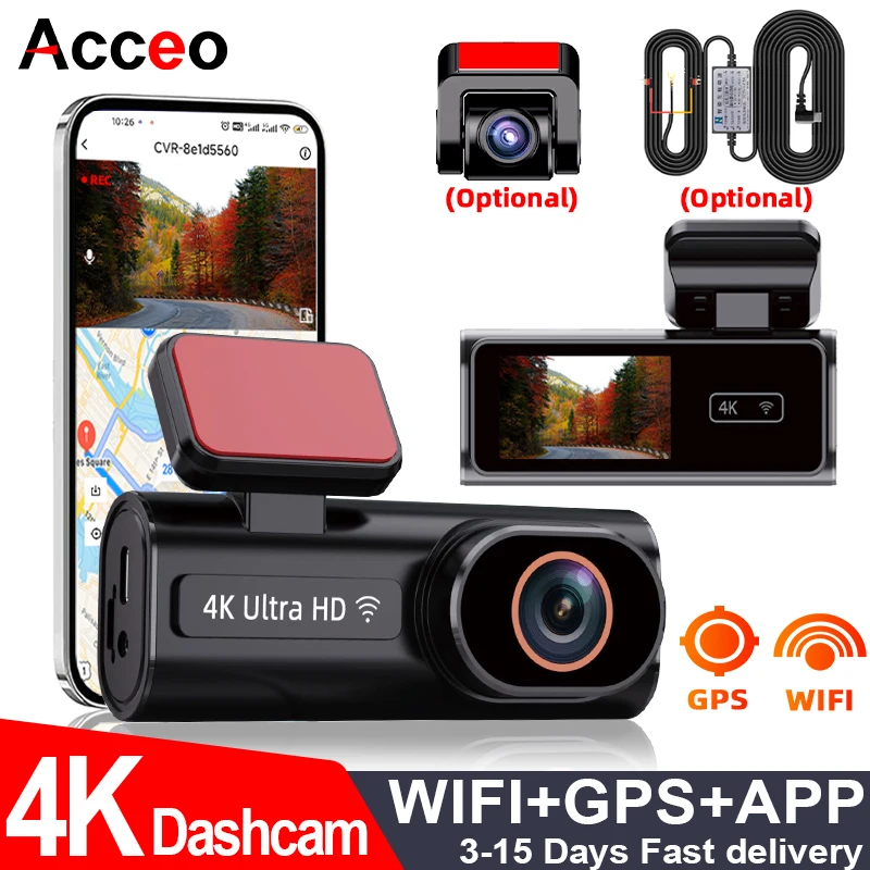 ACCEO 4K Car Dash Cam WIFI GPS Mini DVR Support Rear 1080P Dual Lens Room Camera Night Vision 24H Parking Monitor Car Black Box