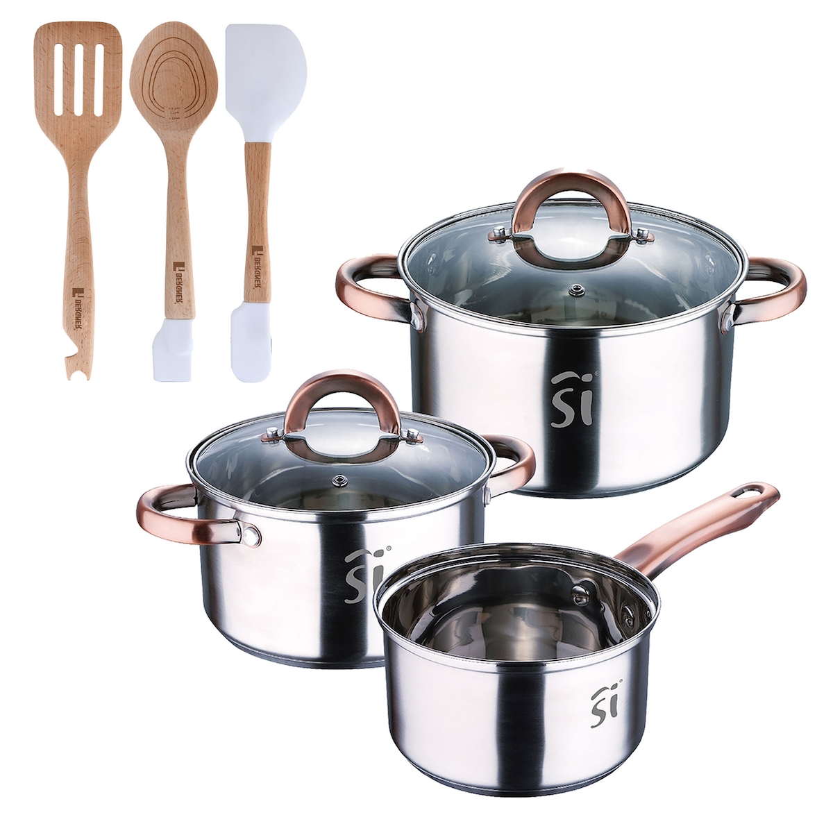 BERGNER - 5-teiliges Kochset Ø16/18/20 cm aus Edelstahl induktionsgeeignet mit 3 Küchenutensilien aus Silikon und Holz Image