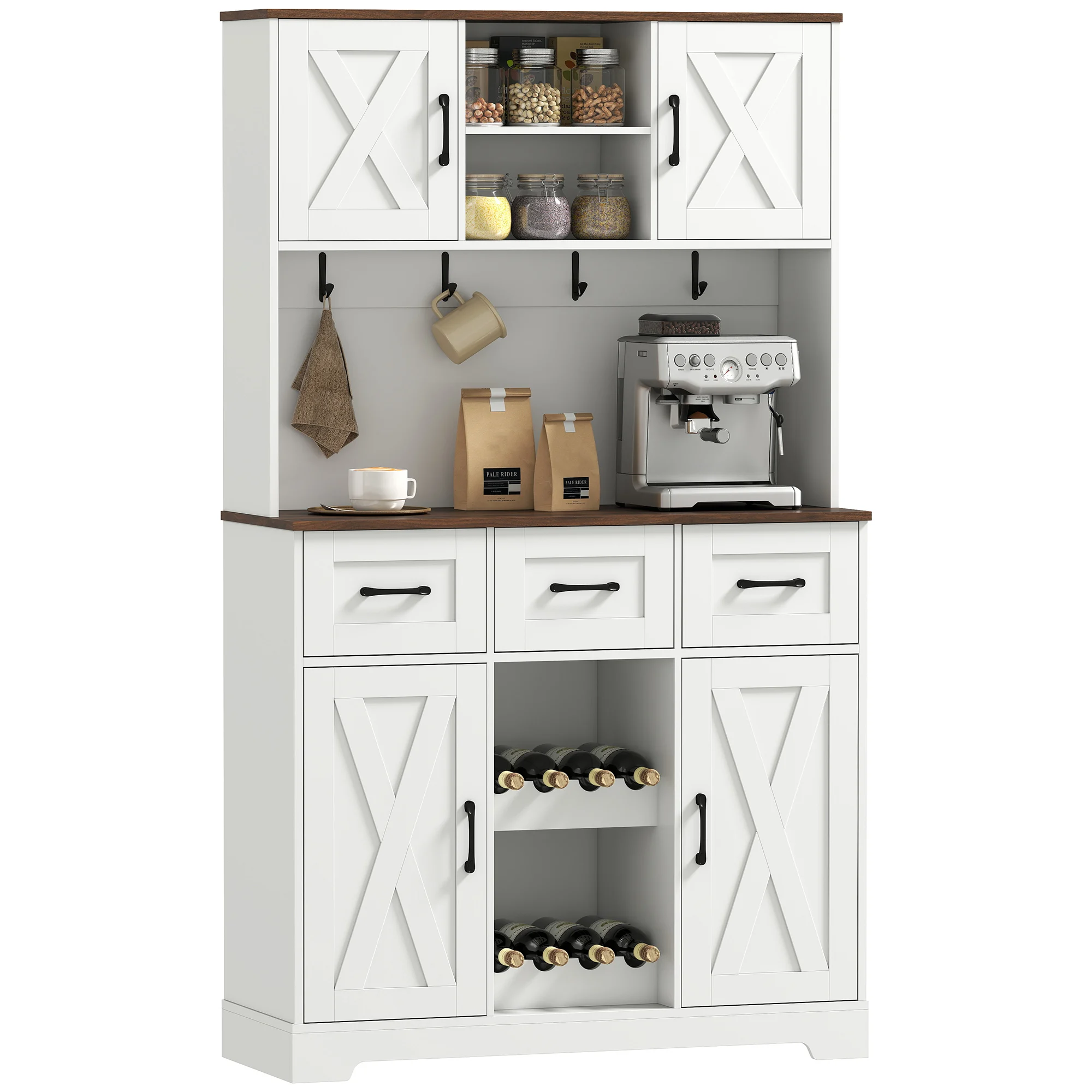 Homcom Armoire de cuisine haute, meubles de cuisine auxiliaires, casier à vin pour 8 bouteilles, 4 portes, 3 tiroirs, étagères ouvertes, grand comptoir, 4 crochets, trou pour câble, blanc, 100 x 38 x