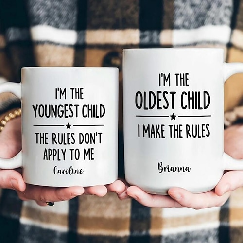Personalisierte Geschenktasse für Kinder, individueller Name, Keramik-Kaffeebecher, „Wer macht die Regeln?", 325 ml, weiß, Geburtstag, Weihnachten, Familienhumor Image
