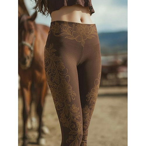 Damen Leggings Loungewear Gemütliche Leggings Urlaub Vintage Ethno-Stil Volle Länge Hohe Taille Grafik Drucken Bequem Dehnbar Lässig Täglich Urlaub Braun Frühling Herbst Schmale Passform Image