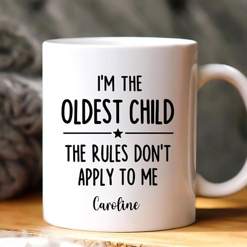 Personalisierte Geschenktasse für ältere Kinder, individueller Name, Keramik-Kaffeebecher, wer die Regeln macht, 325 ml, weiß, Geburtstag, Weihnachten, Familienhumor-Kaffeebecher Image