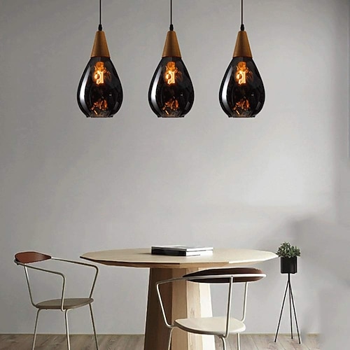 LED-Kronleuchter, Vintage-Pendelleuchte, kreative Pendelleuchte aus Massivholz und Glas, bernsteinfarbener Kronleuchter mit einem Leuchtenkopf für Badezimmer, Esszimmer, Lagerhalle, Wohnzimmer, Flur, Image