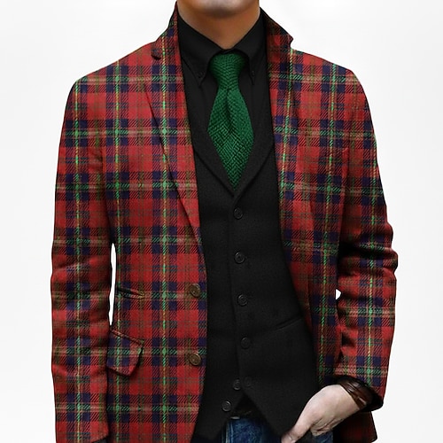 Herren Tweedblazer Notch-Kragen Mode Party Karomuster Blazer Burgunderrot Figurbetonter Schnitt Einreihig Zwei-Knöpfe Image