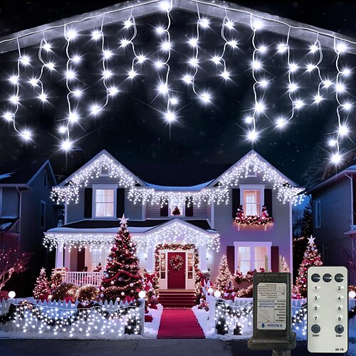 Eiszapfenlichter 10 m 400 LEDs 48 Tropfen 8 Funktion Timer Fernbedienung Klarer Draht verbindbare Lichterkette Feiertags-Hochzeitsfeier dekorative Lichter Niederspannungs-Sicherheitsstecker Image
