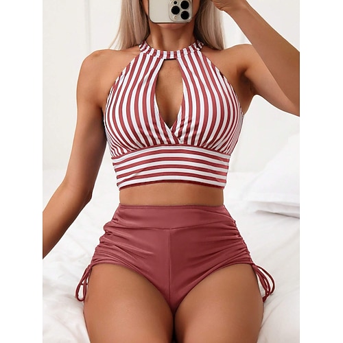 Woman's Tankini 2-teiliger Badeanzug mit Raffung Slip Bauchkontrolle Hohe Taille Slim Rückenfrei Urlaub Strandbekleidung Gestreifter Halter Ausschnitt Ärmlos Badeanzüge Image