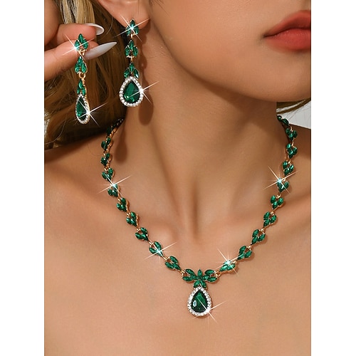 Rotes Kristall-Tropfen-Halsketten- und Ohrringset für Damen – eleganter goldfarbener Strassschmuck für Partys und Hochzeiten Abendveranstaltungen Image