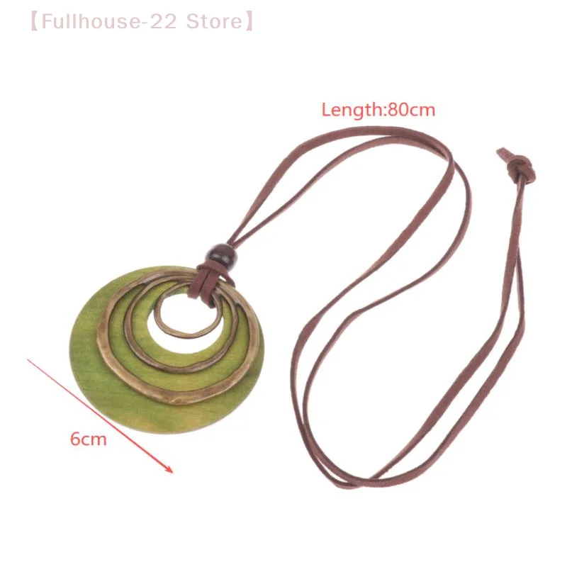【MAX-22】Lederbandkette, mehrschichtig, geometrisch, Kreis, Holzanhänger, Halsketten, Vintage, lange Pullover-Halskette, Schmuck, Geschenke Image