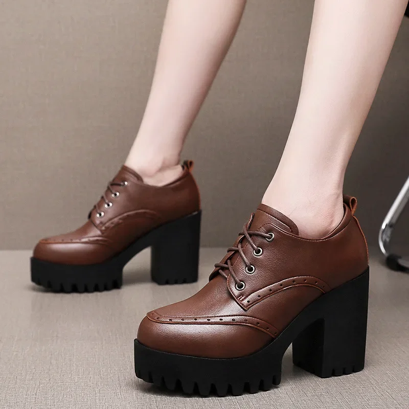 Small Size 32-43 British Deep mouth Brogues Shoes Women Oxfords Fall Winter 2025 Block High Heels Shoes Platform Pumps Office