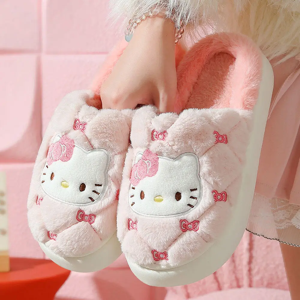 Süße Hello Kitty Damen Baumwollhausschuhe Plüsch Baumwollschuhe Cartoon Anime rutschfeste verdickte Mädchen Eva Schuhe mit dickem Boden