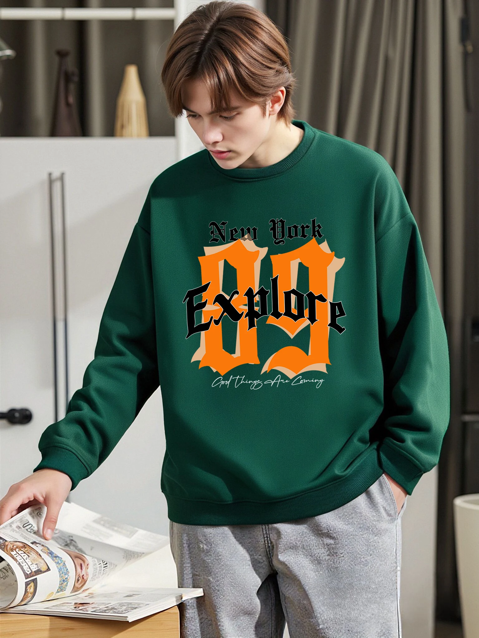 New York Explore Letter Creative Print Streetwear Herren Fleece Hip Hop Sweatshirt Sport Crewneck Pullover Bequemer weicher Hoody