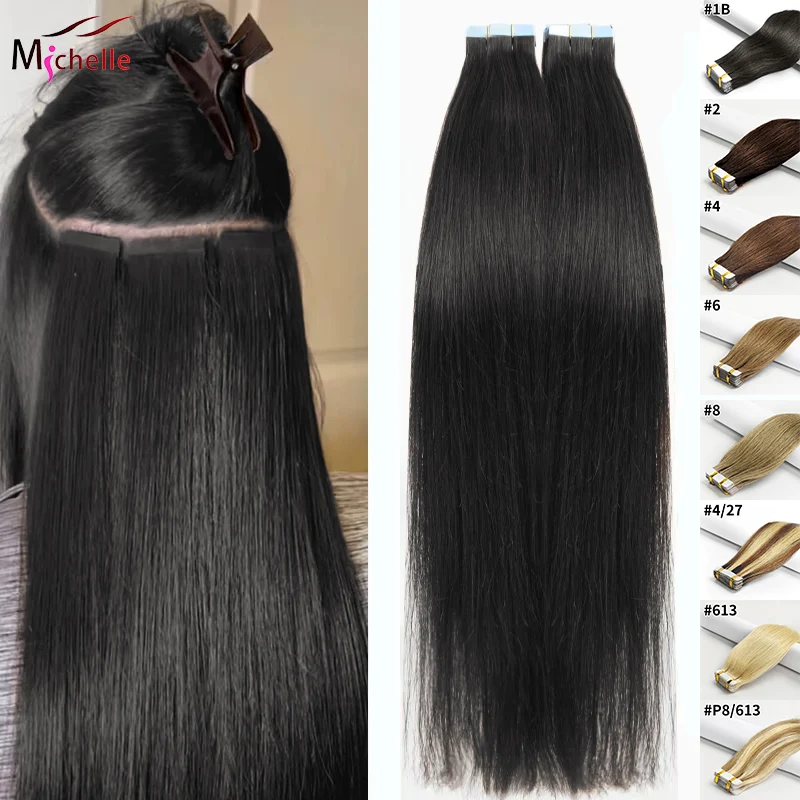 26 Zoll Tape In Haarverlängerungen, glatt, 100 % Echthaar, selbstklebend, austauschbar, nahtlos, Hauteinschlagband, 20/40 Stück, Haar für Frauen Image