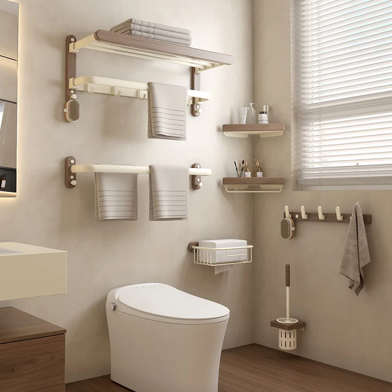 Porte-serviettes en noyer, ensemble de supports de rangement pour salle de bain, salle de bain Non perforée, porte-serviettes de salle de bain haut de gamme