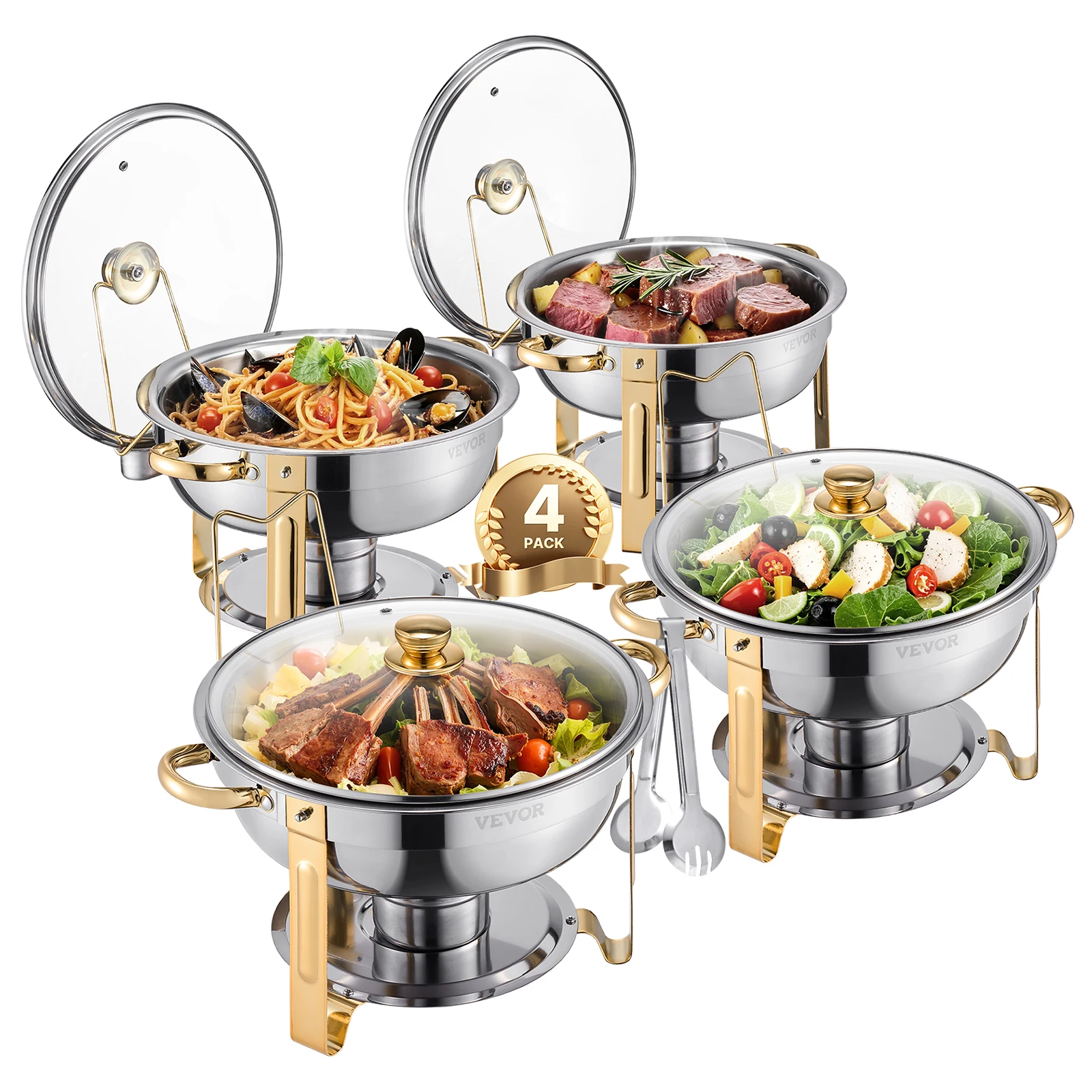 SucceBuy Set da buffet per scaldavivande da 5 Qt, confezione da 4, scaldavivande in acciaio inossidabile con 4 padelle a grandezza naturale, rotondo, scaldavivande per feste