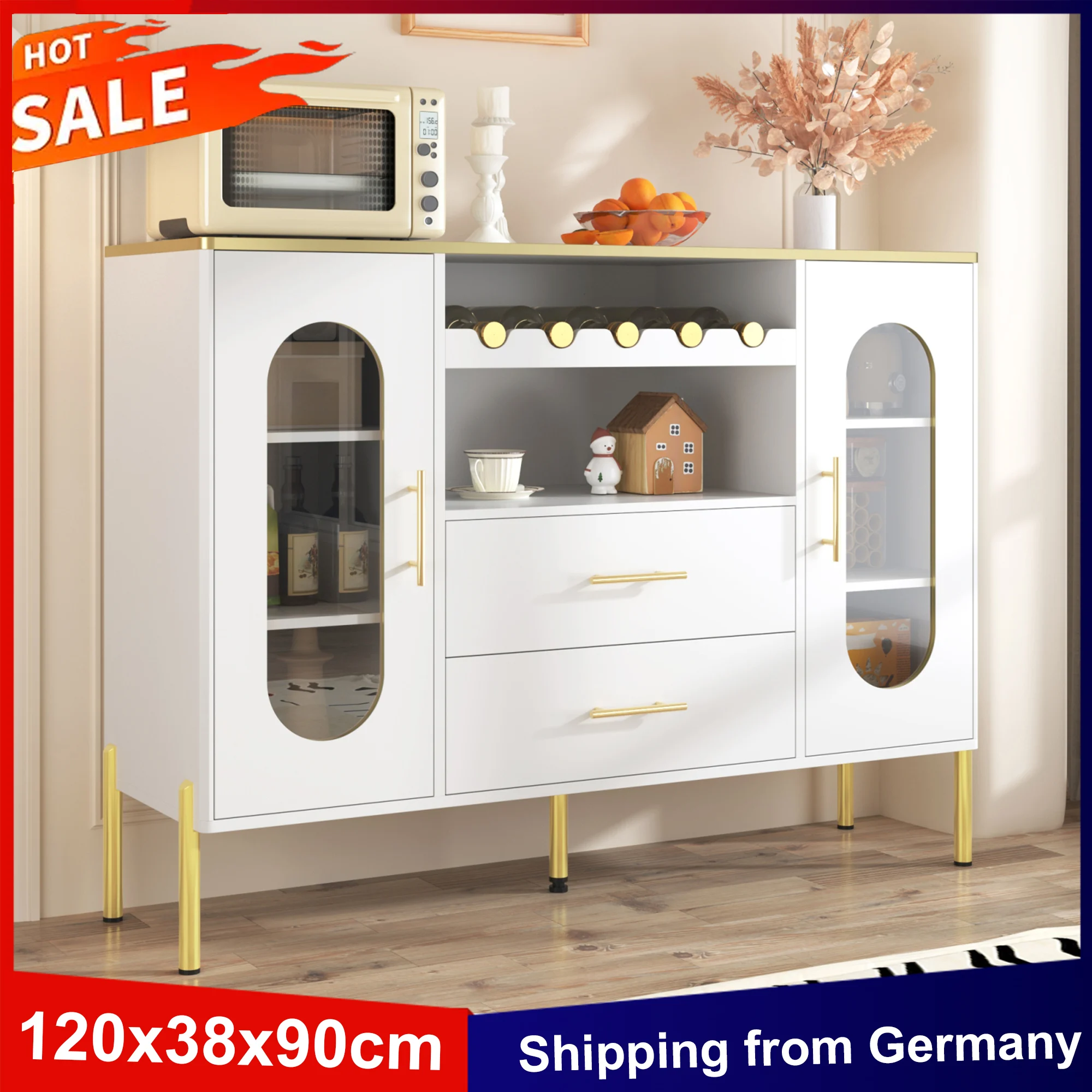 Anajqaqia 120 x 38 x 90 cm weißes Sideboard, Glasfassungen und Weinregal, 2 Türen, 2 Schubladen, Buffetschrank, Kommode für Wohnzimmer