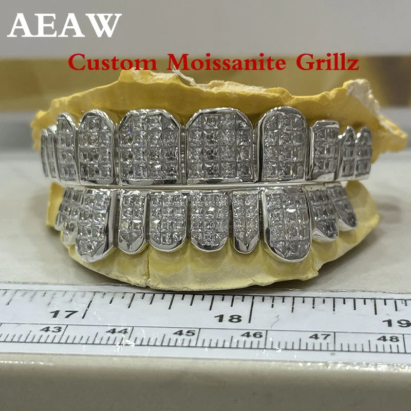 Benutzerdefinierte Moissanit Diamant Grillz 8 oben und 8 unten Hip Hop 925 Silber Zähne Grillz Hip Hop Schmuck (siehe Zähne Form für uns)