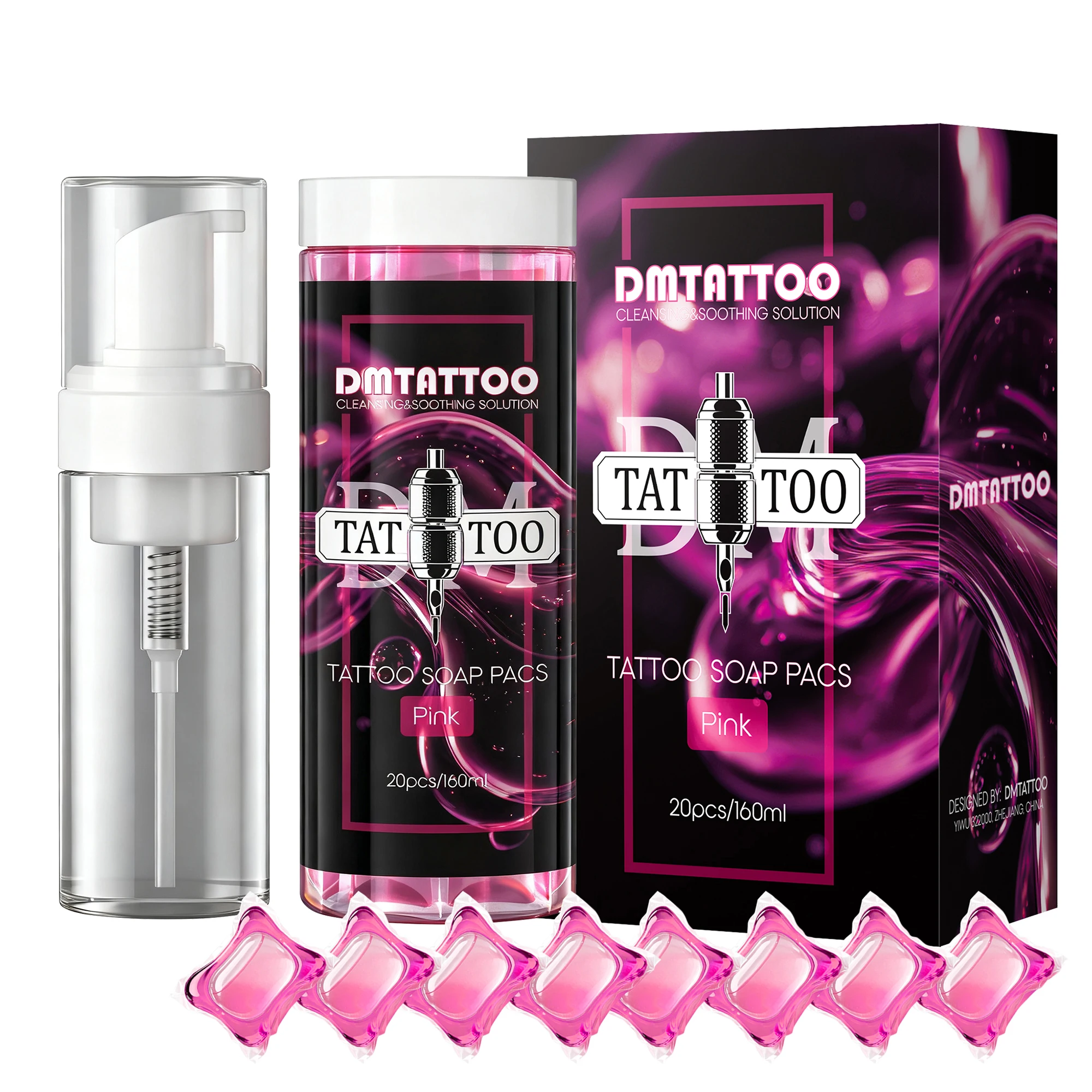 20 Stück DM Tattoo Pink Soap Pacs Kit (je 8 g), 1 Flasche mit 120 ml Schaumflasche, geeignet für professionelle Tätowierer Image