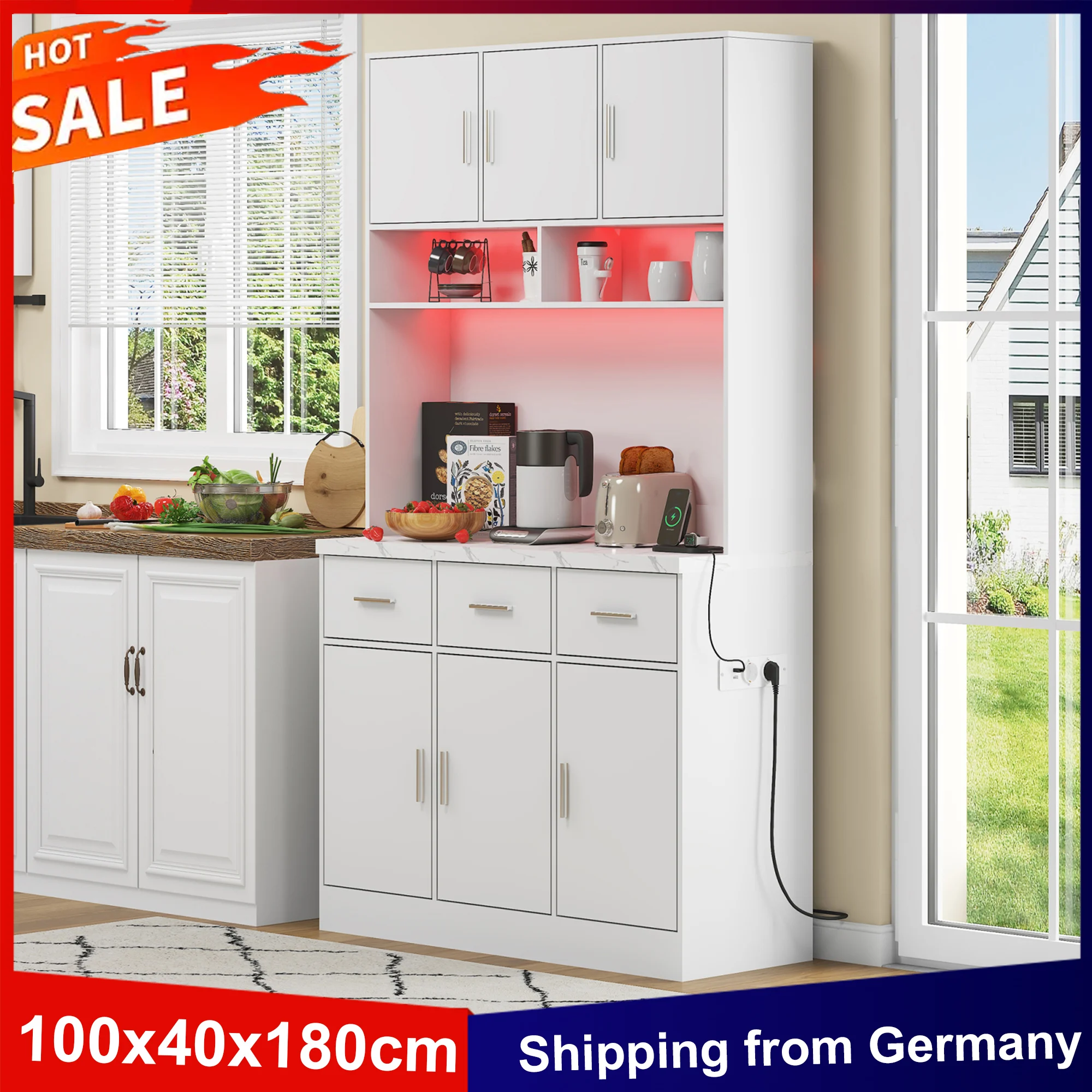 Anajqaqia 100 x 40 x 180 cm Buffetschrank mit LED-Licht und Fernbedienung, 3 Schubladen und 6 Türen, verstellbares Regal, Küchenschrank