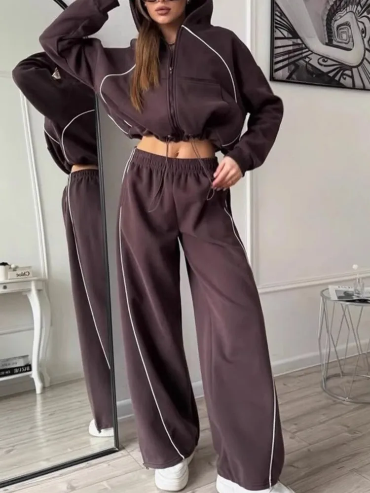 Casual Sport Hosen Set frauen Einfache Einfarbig Lange ärmeln Zipper Strickjacke Jacke Elastische Breite bein Hosen Zwei-stück Sets Image