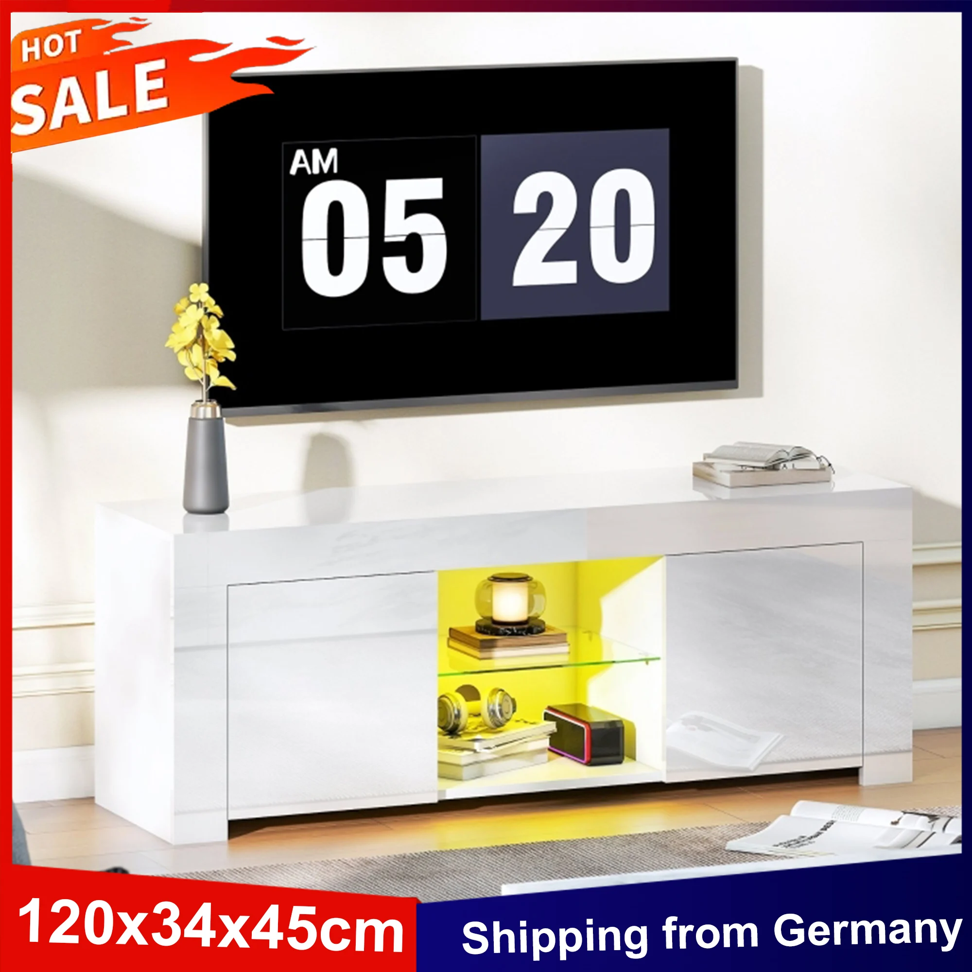 Anajqaqia 120 x 34 x 45 cm TV-Schrank mit LED-Licht, 2 Türen, Hochglanz-TV-Ständer, Glasregal, TV-Lowboard für Wohnzimmer, Weiß