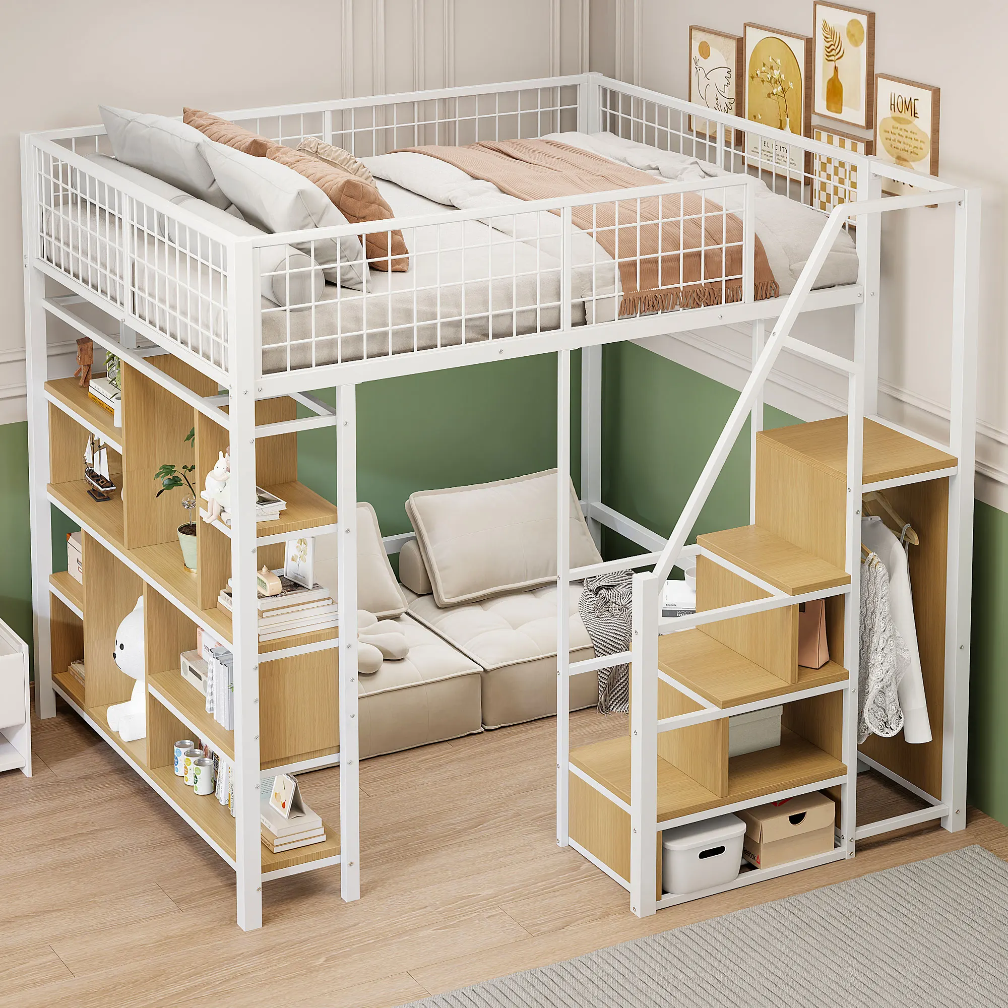 Multifunktionales Hochbett 140 x 200 cm, Metallbett mit Stauraum, Regale und Treppe, Erwachsenenbett und Kinderbett, weiß Image