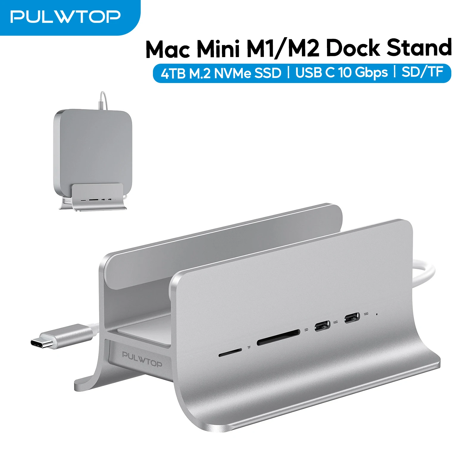 PULWTOP 5-in-1 USB C Hub für Mac Mini M1/M2, Mac Mini Hub Unterstützt M.2 NVMe SSD Erweiterung, mit 2x USB C 3.2 10 Gbit/s, SD/TF Image
