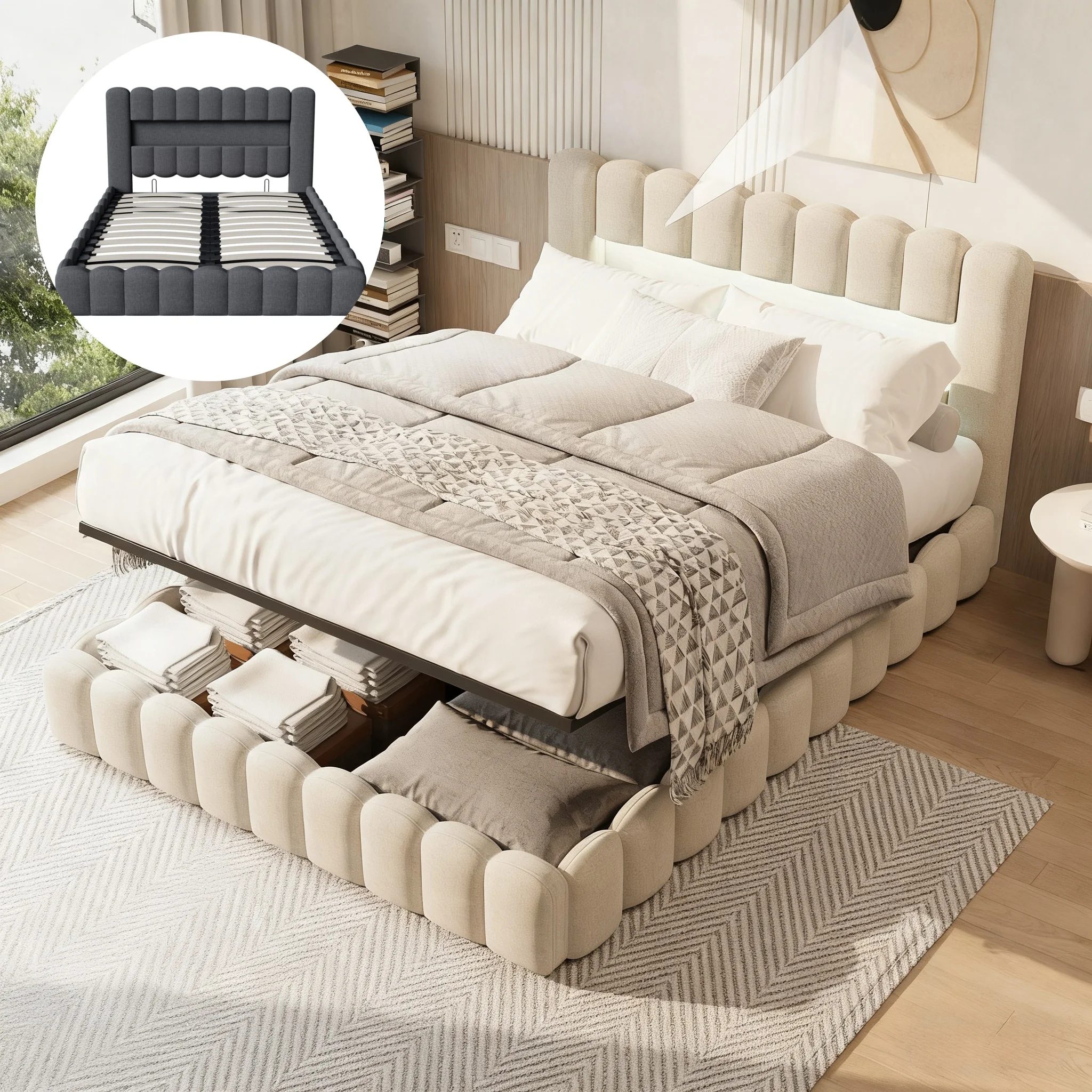 MGMYM Bettgestell 140/160/180 mit hydraulischem Stauraum, Bettkopfteil mit LED und USB, Blasendesign, Leinenstoff Image