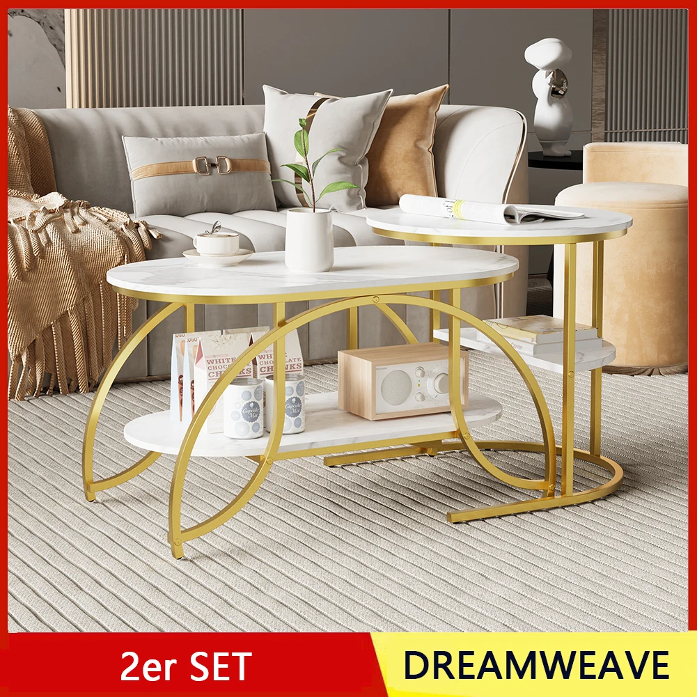 Wohnzimmertisch Couchtisch 2er Set, Wohnzimmer Tisch für Couch mit White Top and gold Gestell, Beistelltische Set Modern