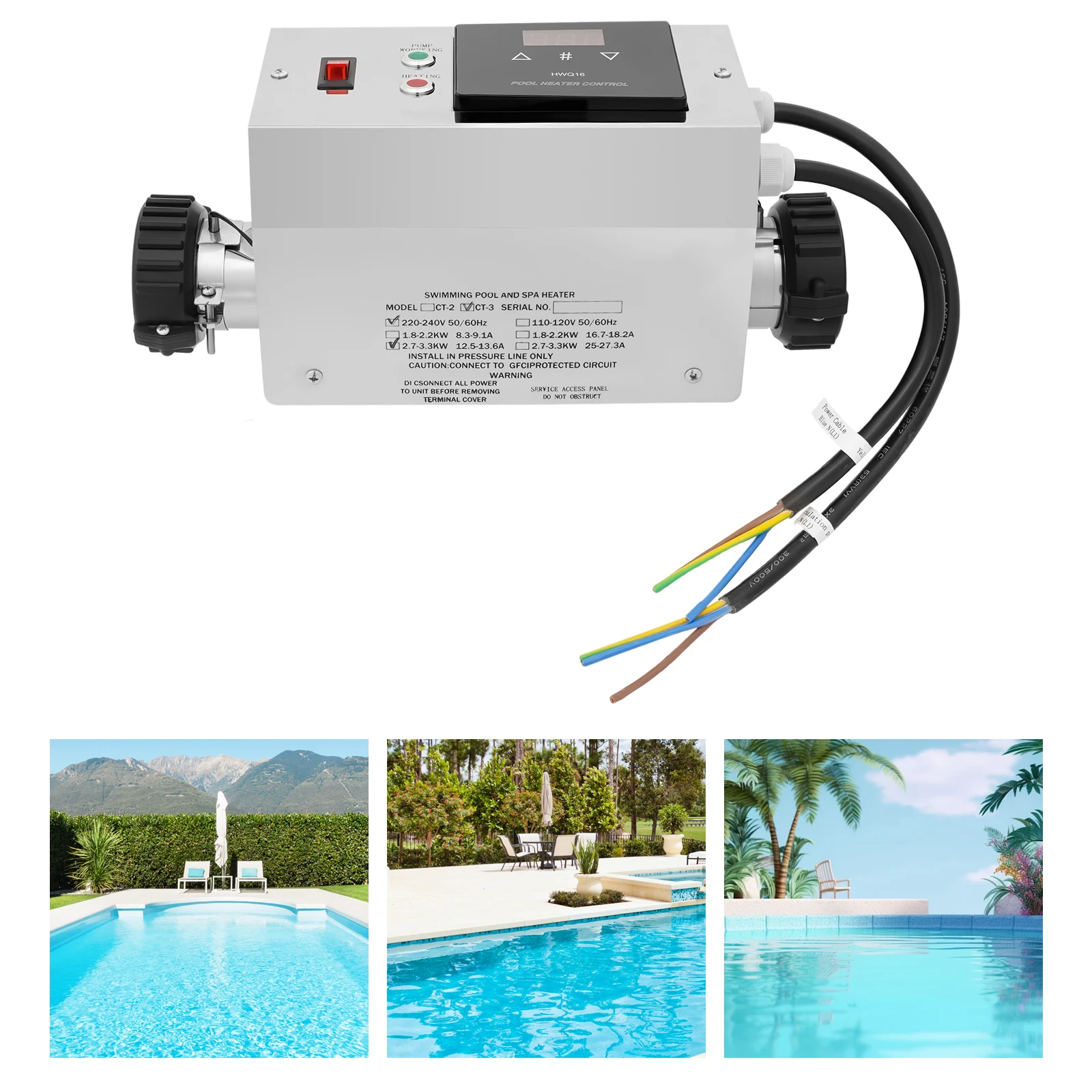 Chauffage de piscine 3 KW, échangeur de chaleur électrique, pompe à chaleur, chauffage de piscine, thermostat, chauffage par Immersion pour piscines