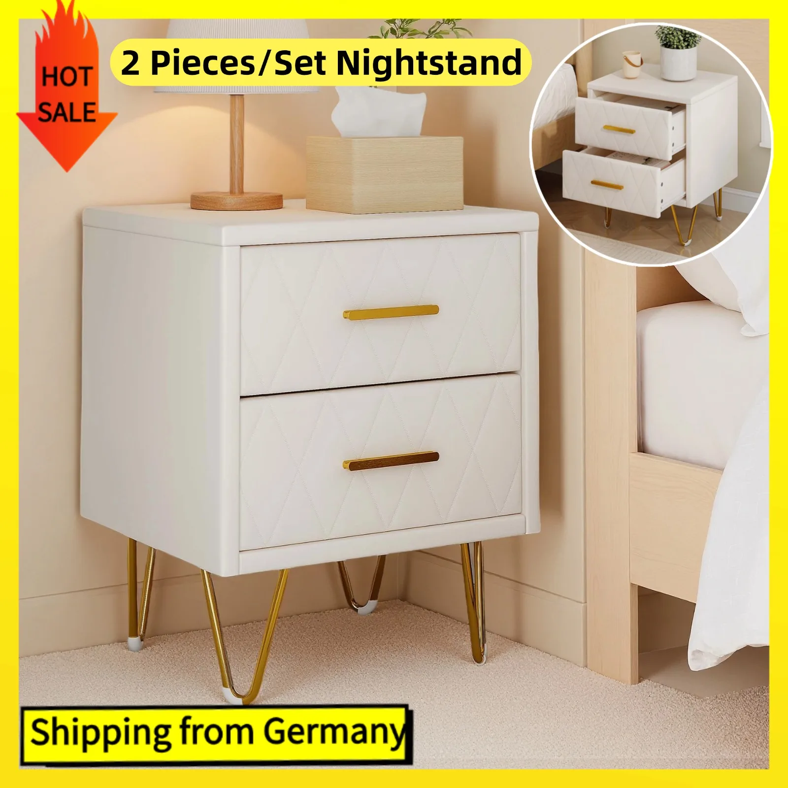 Comanlai 2er-Set Nachttisch mit 2 Schubladen, gepolsterter Nachttisch mit goldenen Metallgriffen und Beinen, Nachttisch 41 x 35 x 51 cm