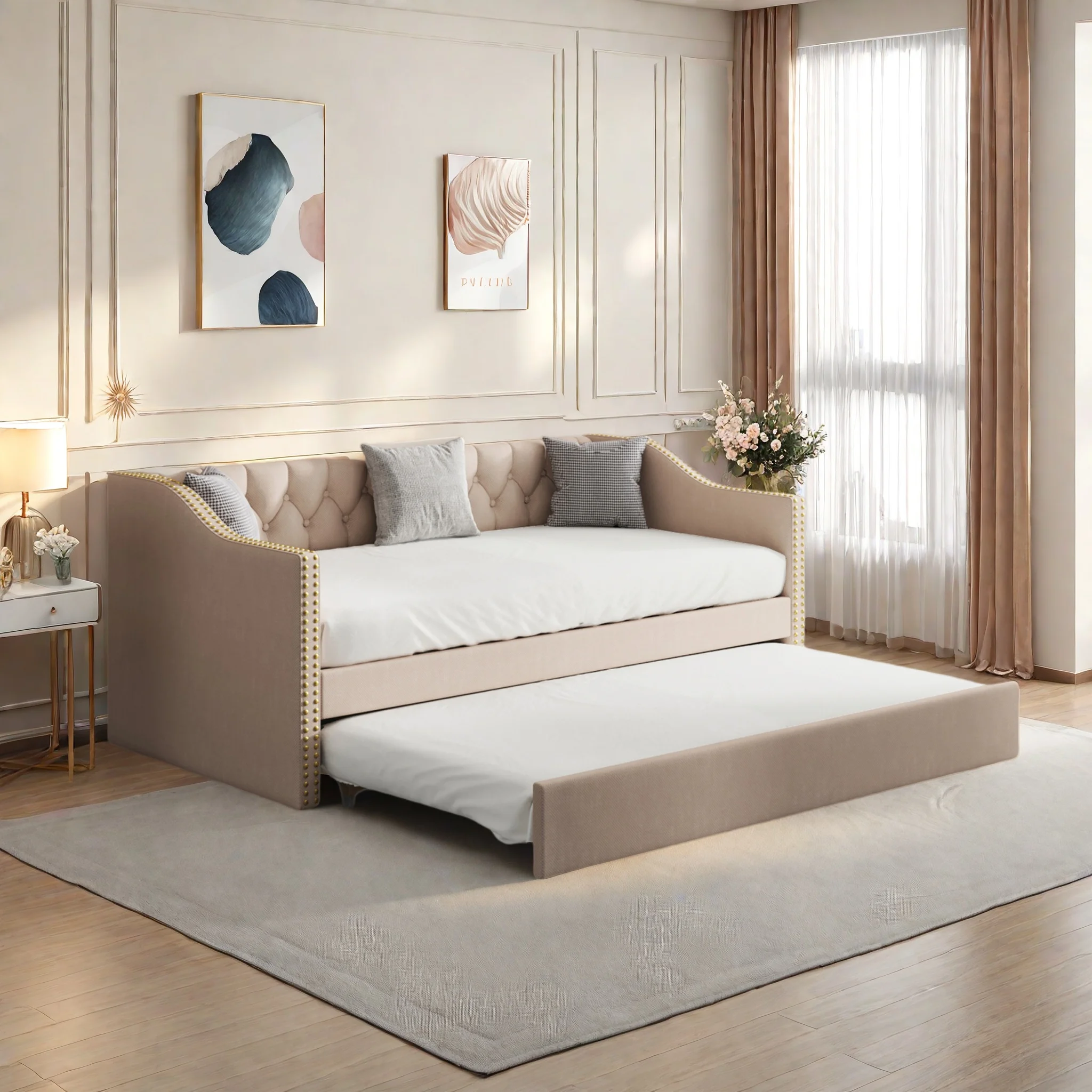 Rosahqnda Polsterbett Schlafsofa 90x200, Ausziehsofa Bett strapazierfähiges Leinenstoff Jugendbett Kinderbett Gästebett