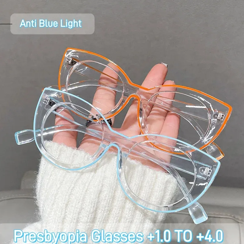 Modische Anti-Blaulicht-Katzenauge-Lesebrille mit großem Rahmen, ultraleichte High-Definition-Presbyopie-Brille mit transparentem Rahmen Image