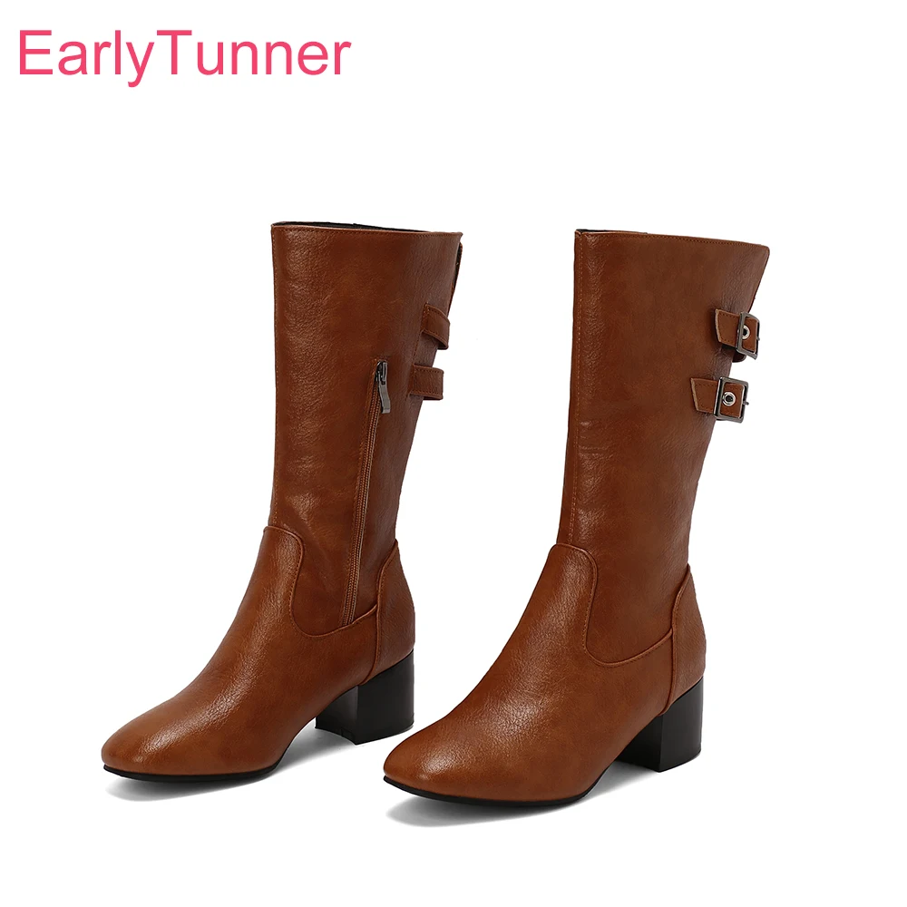 2025 Winter Reife Braun Grün Frauen Mitte Wade Stiefel Heiße Runde Kappe Med Heels Dame Party Schuhe Plus Kleine Große größe 33 43 45 50